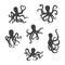 Set of sea octopus black silhouettes flat vector illustration isolated.