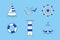 Set of sea vector icons in blue white color. Anchor Ship Wheel Seagull lighthouse and a lifeline