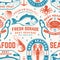 Set of seafood seamless pattern. Fresh tuna, octopus, trout, shrimp, dressed crab, mussels and clams. Vector. For