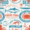 Set of seafood seamless pattern. Fresh tuna, octopus, trout, shrimp, dressed crab, mussels and clams. Vector. For