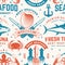 Set of seafood seamless pattern. Fresh tuna, octopus, trout, shrimp, dressed crab, mussels and clams. Vector. For