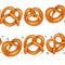 Set of seamless borders with pretzels. Vector frieze with German bakery treats