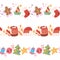 Set of seamless festive borders. Frame with candles, santa and elf wardrobe, christmas tree, decoration and confetti. The object