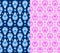 Set of seamless pattern with drops on blue and pink backgrounds. Texture with peacock tail motifs.