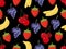 Set of seamless pattern with fruit. Pattern of bananas, cherries, strawberries and grapes.