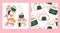 Set of seamless pattern and one print with cute sushi and roll in kawaii style. Endless texture can be used for textile pattern