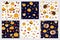 Set of seamless patterns with cute turkeys and autumn food  - cartoon backgrounds for cozy Thanksgiving textile or wrapping paper