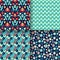 Set of seamless patterns with dinosaur eggs, footprints, abstract textures with blue and red neon.