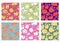 Set of seamless patterns with fruits, different colors, linear sketch hand drawn illustration, vector bright design for