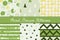 Set of seamless patterns with geometric designs. Circle triangle rhombus stripe in green gray yellow white. Hand drawn.