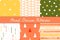 Set of seamless patterns with geometric designs. Circle triangle rhombus stripe in red orange pink yellow green. Hand drawn.