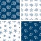 Set of seamless patterns sketches various sea shells