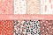 Set of seamless patterns in white, pink, red and black. Ink and brush. Hand drawn.