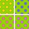 Set of seamless patterns of yellow, blue, pink, purple flowers on a green background