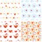 Set of seamless Valentines Day backgrounds with funny red heart characters, dialog bubbles and Cupid arrows. Tiled vector