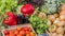 Set of seasonal vegetables on the counter of the farmers market.