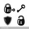 Set of security icons: lock, key and shield.