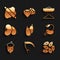 Set Seed, Scythe, Sprout, Acorn, oak nut, seed, Beans, Sifting flour and Rolling pin on dough icon. Vector