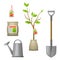 Set of seedling fruit tree,shovel, fertilizers and watering can. Illustration for agricultural booklets, flyers garden