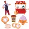 Set of seller, coffee, glass, cup, donut, muffin, street cart, fast food, isolated object on a white background,