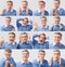 Set Of Senior Man`s Emotional Portraits Over Gray Background, Collage