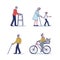 Set of senior people standing, walking with stick or riding bicycle. Active older male and female