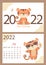 Set of set of July2022 calendar and cover. Cute tiger cub in sunglasses with citrus cocktail. Vector. A4 horizontal template. Week