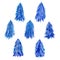 Set of seven blue watercolor fir trees isolated on white background