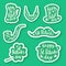 Set of seven stickers emblems with lettering: leaf clover, beer mug, mustaches, beard, hat , smoking pipe , pot of gold coins.