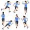 Set of seven vector isolated figures of an asian runningg girl in warm sports clothes