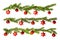Set of several branches of spruce with red Christmas toys on a white isolated background. Design elements. Christmas frame