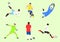 set of several soccer athletes with different poses, positions, colors. flat vector illustration.