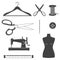 Set of sewing dressmaking and tailoring equipment silhouette icons. Vector. Set include sewing needle, mannequin, button