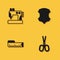 Set Sewing machine, Scissors, Tape measure and Leather icon with long shadow. Vector
