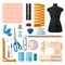 Set for sewing on white background. Collection for sew threads, machine, needles, thimble, buttons, pins, scissors, zipper, ruler