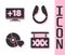 Set Sex shop, Monitor with 18 plus content, Adult label on compact disc and Dildo vibrator icon. Vector.