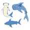 Set sharks on white background. Cartoon cute fishes white shark, bonnethead, whale shark in style doodle