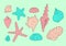 a set of shells and starfish in color. hand-drawn shells, starfish, pink and turquoise isolated elements on green for a
