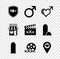 Set Shield with 18 plus, Male gender symbol, and heart, Condom safe sex, Film reel Sex, Location, shop building and