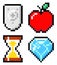 Set of shield, red apple, hourglass, diamond, pixel elements, 8bit objects, retro style 80s