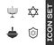 Set Shield with Star of David, Hanukkah menorah, dreidel and icon. Vector