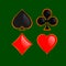 Set of shiny playing card suitswith gold outline isolated on green background
