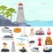 Set of shipping color flat icons. Lighthouse on the beach color illustration for web and mobile design