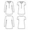 Set of Shirt dresses mini technical fashion illustration with henley neck, short, long sleeves, oversized body, stretch