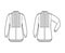 Set of Shirt tuxedo dress technical fashion illustration with pleated pintucked bib, elbow fold long sleeves french cuff