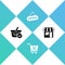 Set Shopping basket with check mark, Remove shopping cart, Hanging sign Open door and Market store icon. Vector