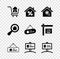 Set Shopping cart with house, House percant, Search, Hanging sign For Rent, Open, and Sale icon. Vector