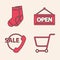 Set Shopping cart, Socks, Hanging sign with Open and Telephone 24 hours support icon. Vector