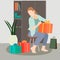 Set of shopping woman vector concepts. Flat design. women with gift boxes, paper bags and trolley with goods. Pleasure of purchase