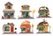 Set of shops. A collection of small cartoon shops with a sign. Stylized trade counters. Vector illustration.